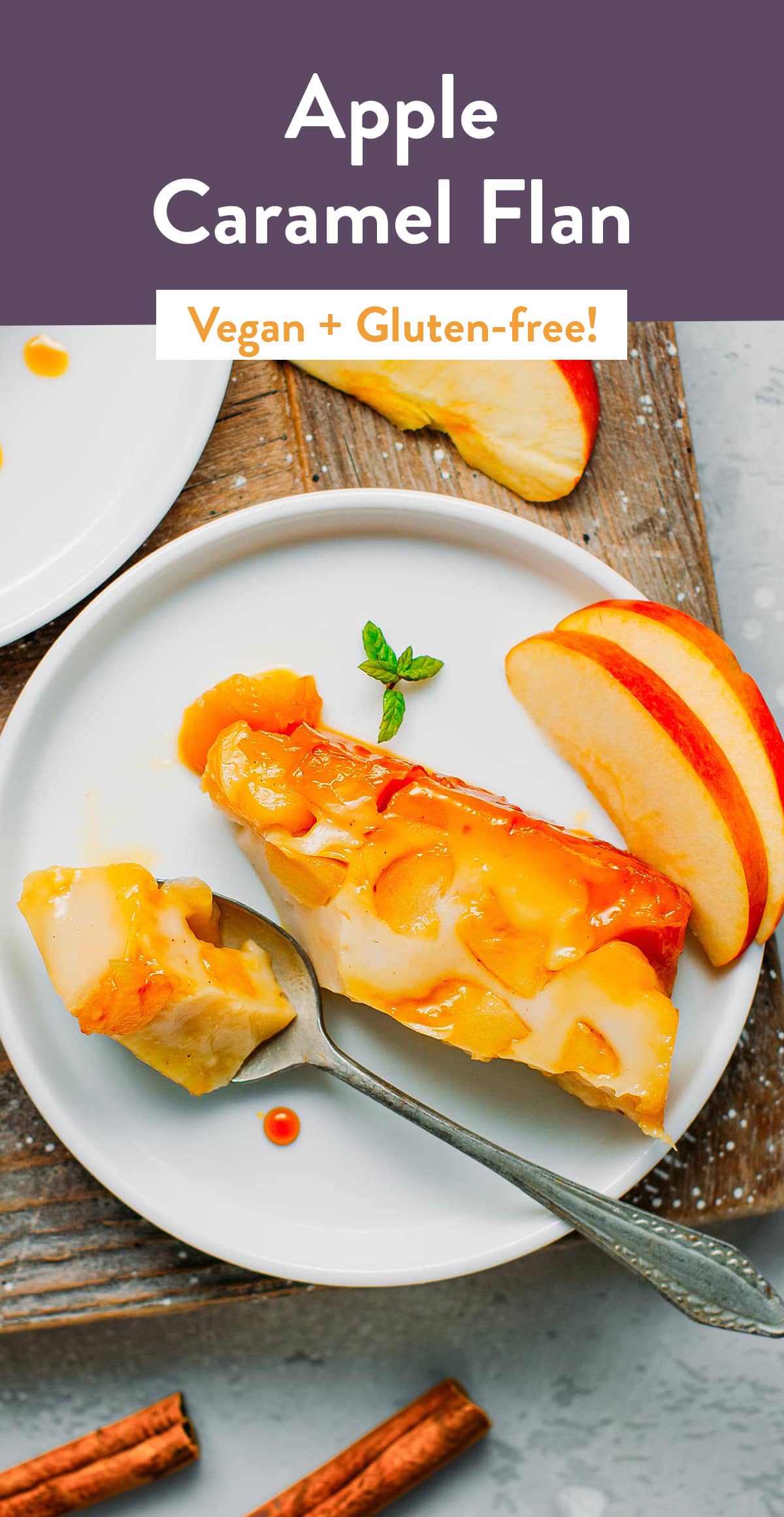 Melty chunks of cinnamon apples meet salted caramel and a creamy vanilla custard in this plant-based, gluten-free dessert! Just 8-ingredient, easy, and delicious! #apple #dessert #plantbased #vegan