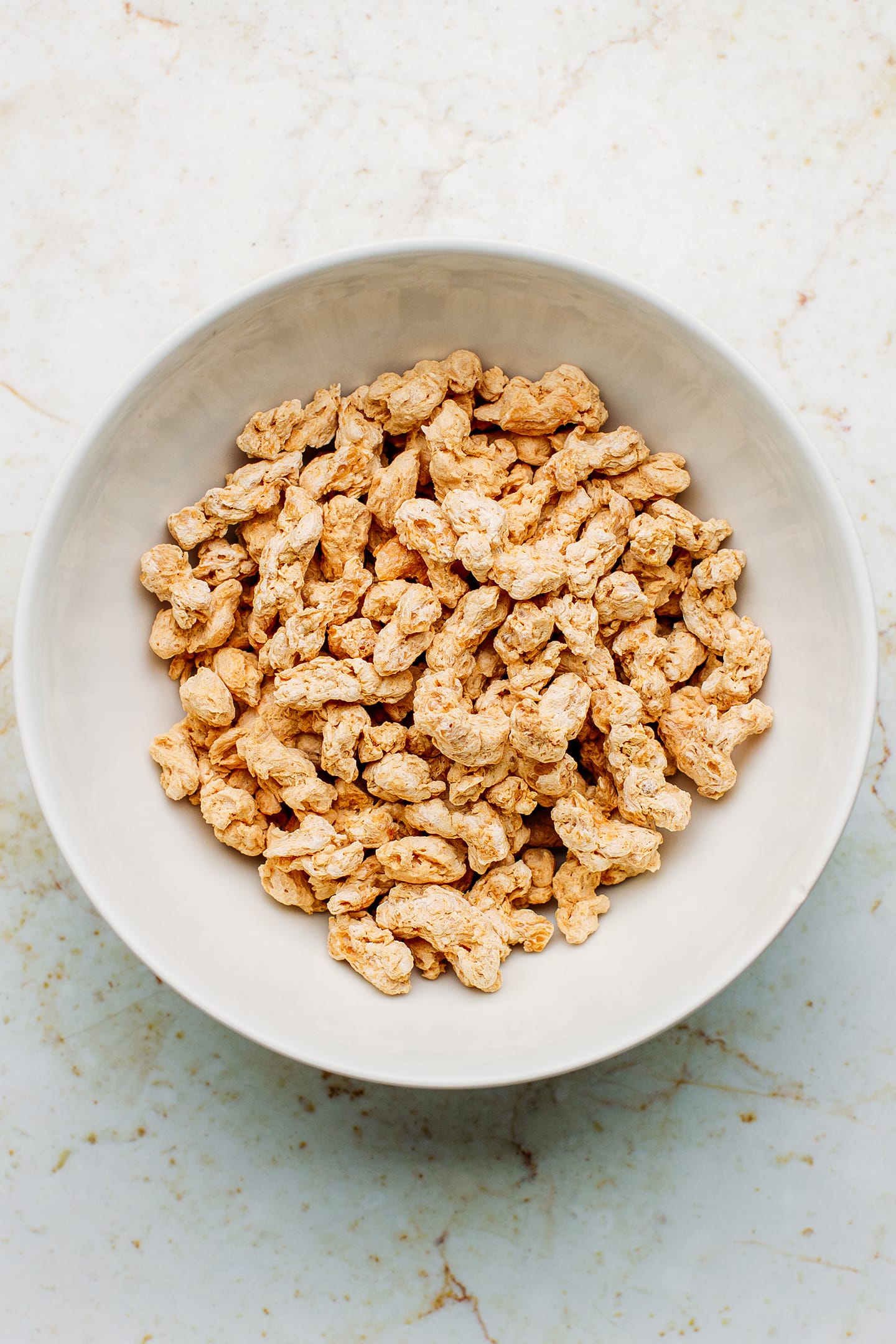 Dried soy curls in a bowl.