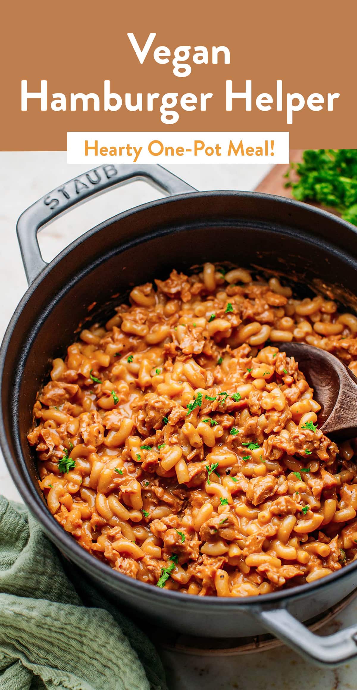 This family-friendly vegan hamburger helper is saucy, creamy, and savory. Made with meaty chunks of soy curls, macaroni, and a variety of seasonings, this one-pot meal is hearty, comforting, and packs bold flavors. Plus, it's easy to make and perfect for busy weeknights! #hamburgerhelper #vegan #onepot