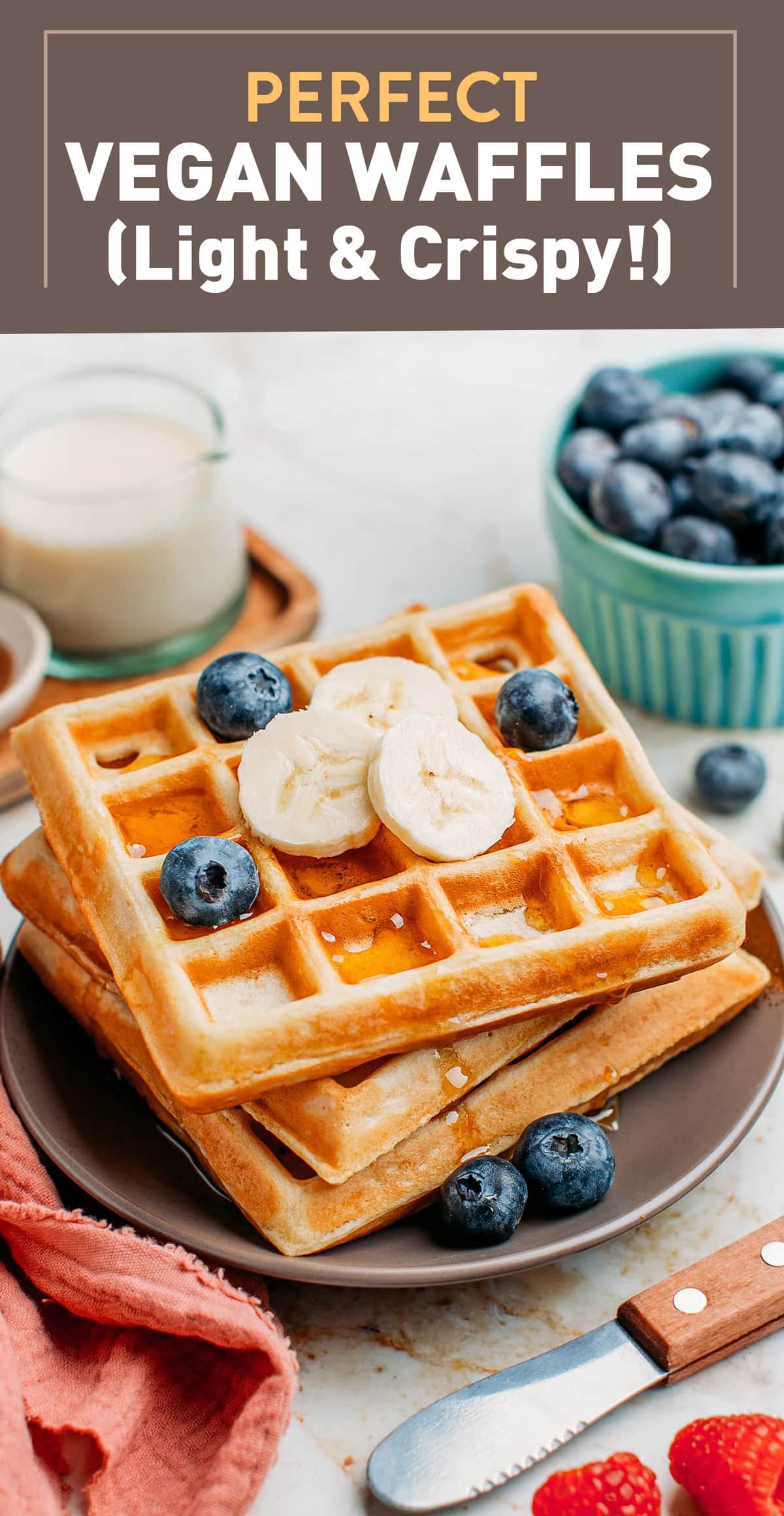 Made with only 7 simple and affordable plant-based ingredients, these vegan waffles are perfectly crispy on the outside and fluffy on the inside! Serve with fresh fruits and a generous drizzle of maple syrup for a fantastic breakfast! #waffles #vegan