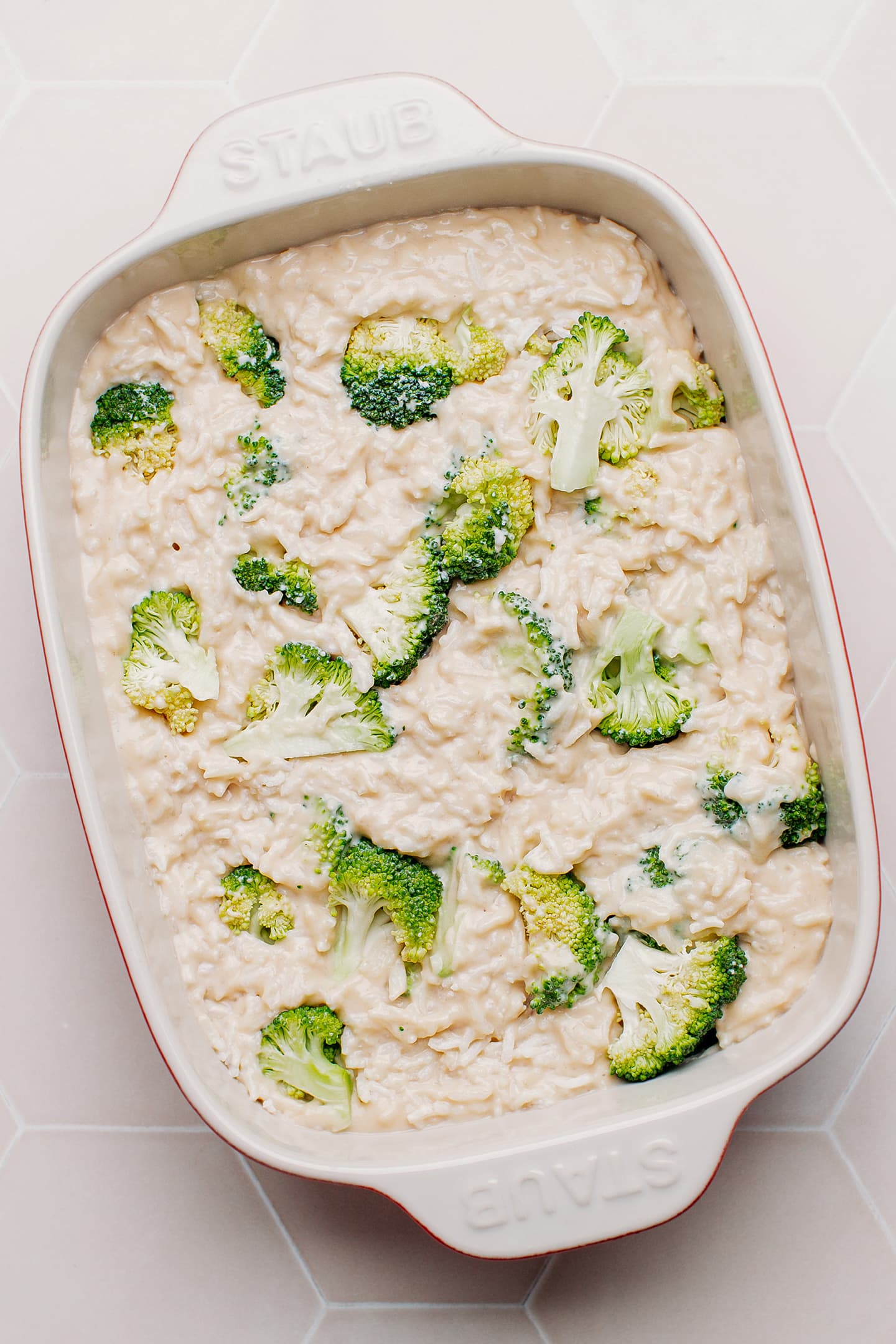 Unbaked broccoli and rice casserole.