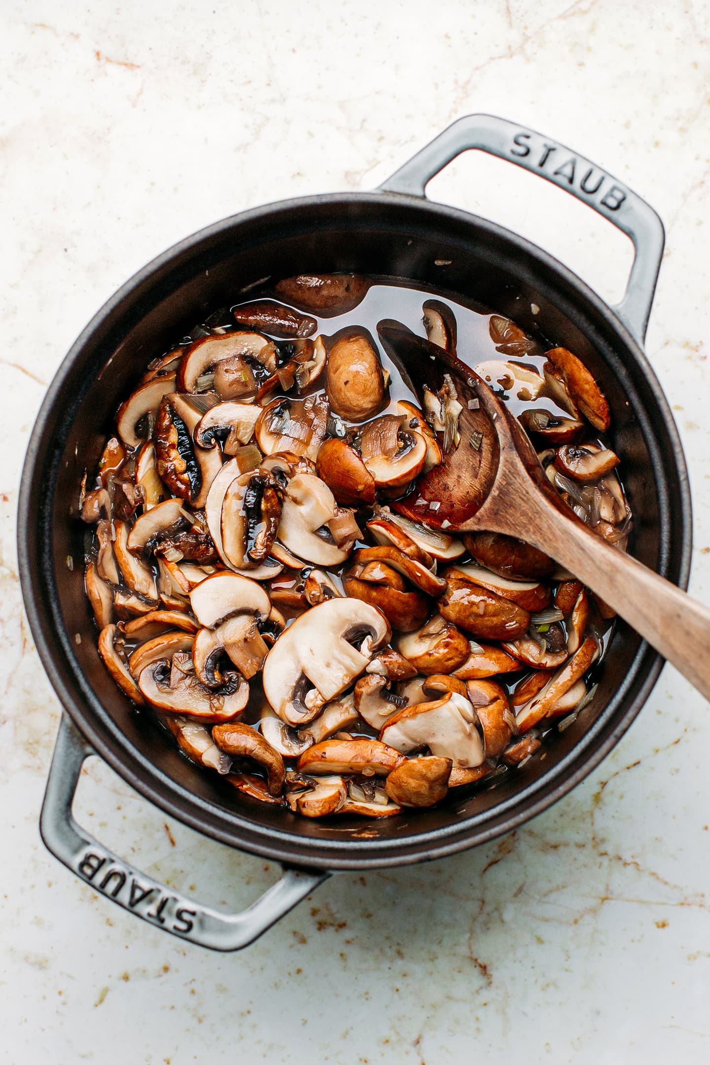Cooked mushrooms in a pot.