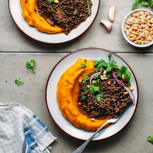 Curried Mashed Pumpkin with Spicy Green Lentils