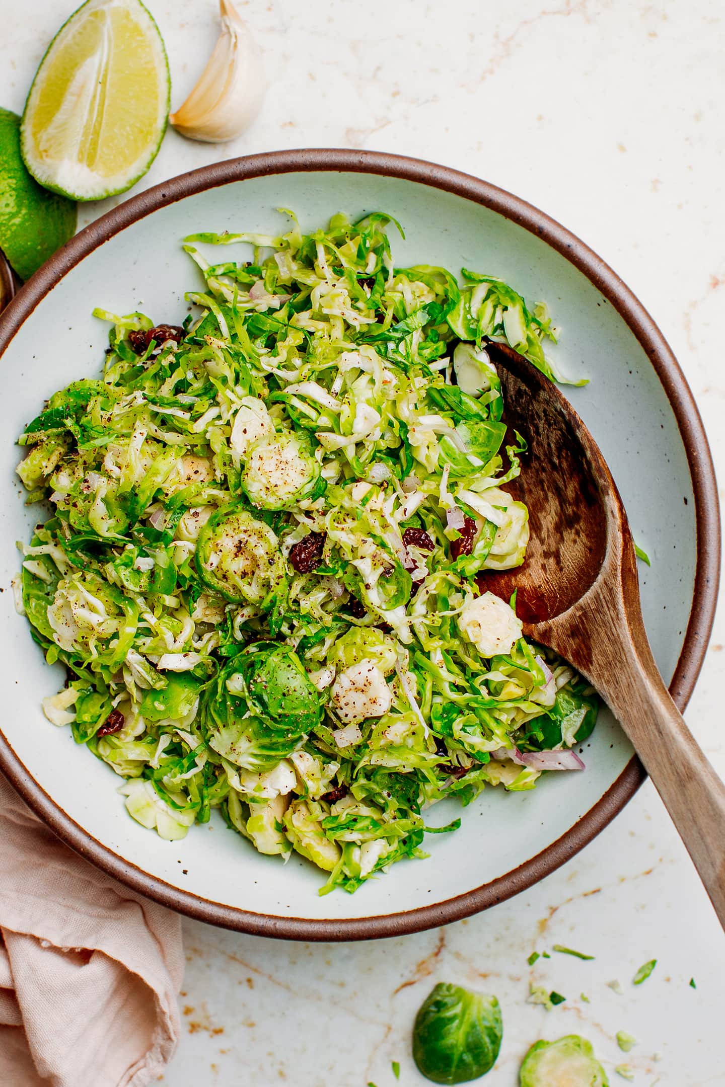 Close-up of shaved Brussels sprouts salad.
