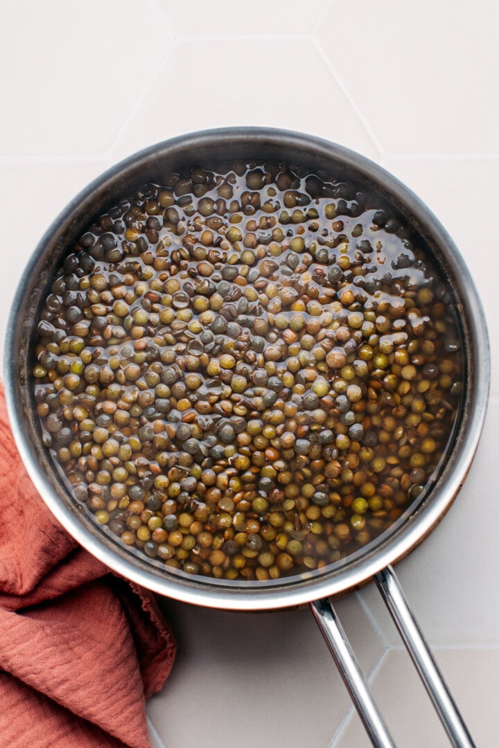 Cooked green lentils in a saucepan.