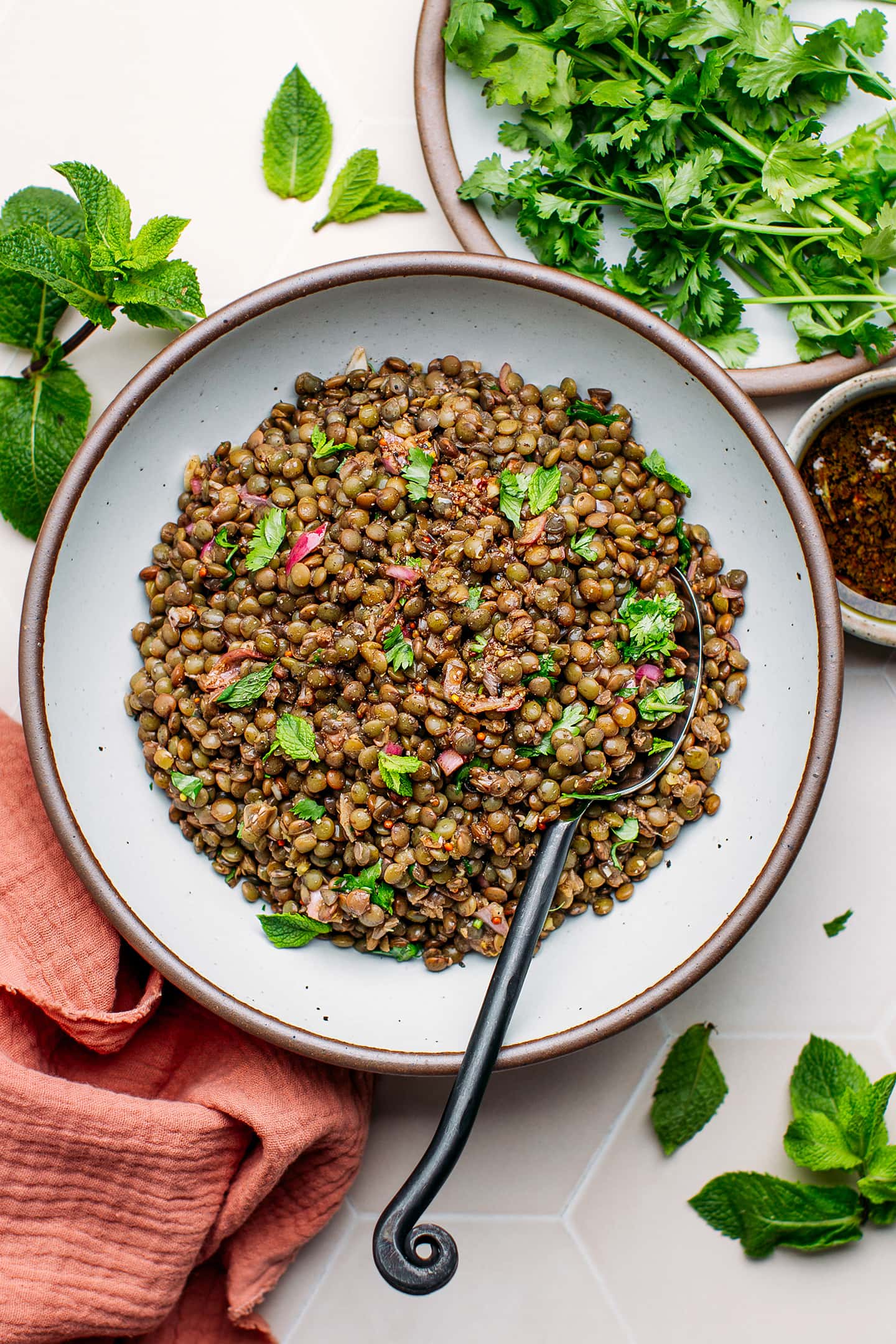 French green lentil salad in a bowl.