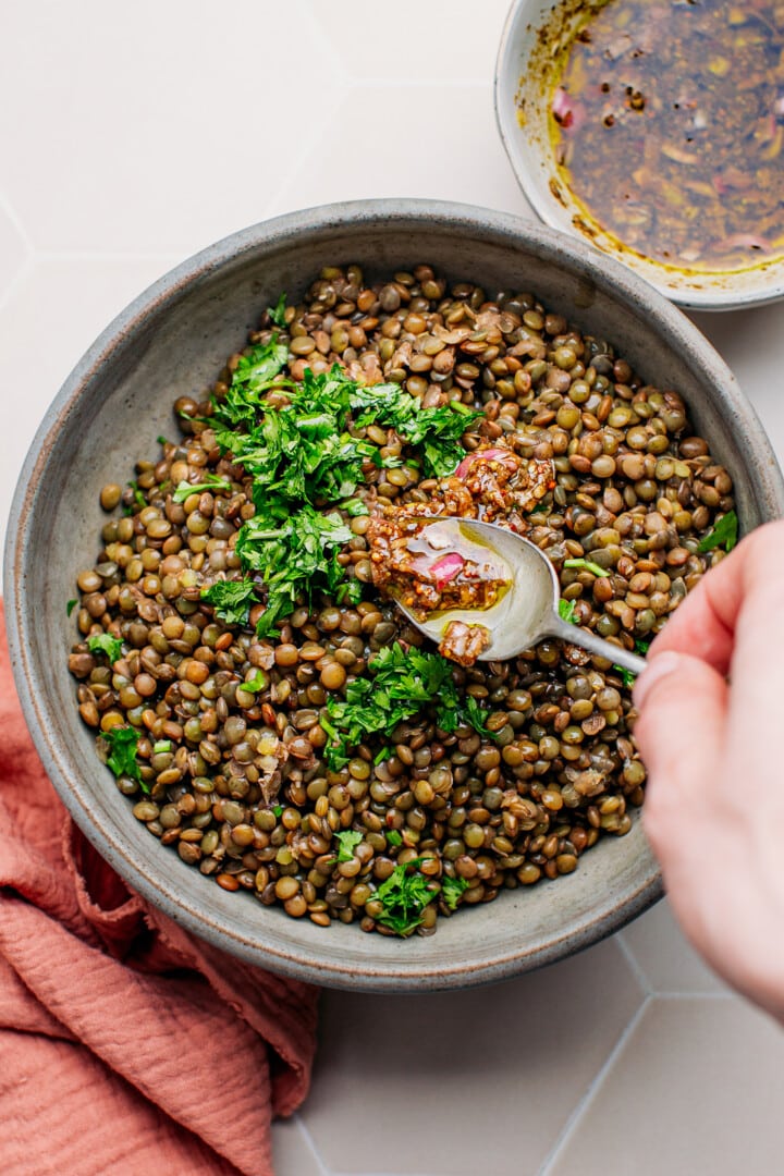 Cooked green lentils, fresh herbs, and vinaigrette in a bowl.