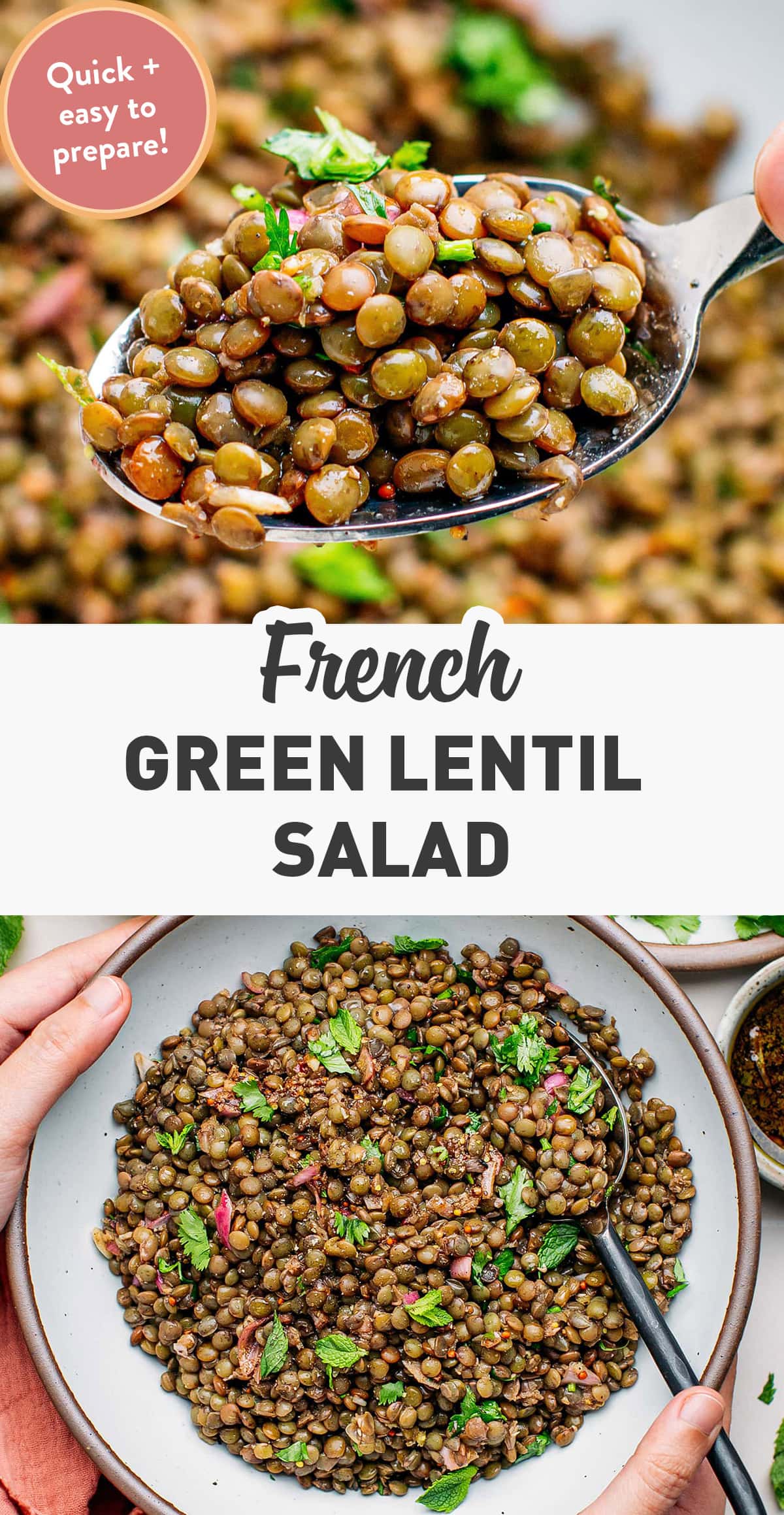 This 30-minute French-inspired green lentil salad is hearty, fresh, and flavored with a bright Dijon mustard vinaigrette! Delightful and wholesome, this rustic salad comes together in less than 30 minutes. Perfect as a light summer appetizer or as a side dish! #greenlentils