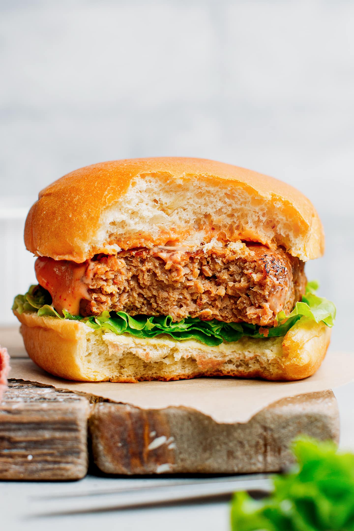 Close-up of a meaty vegan burger.