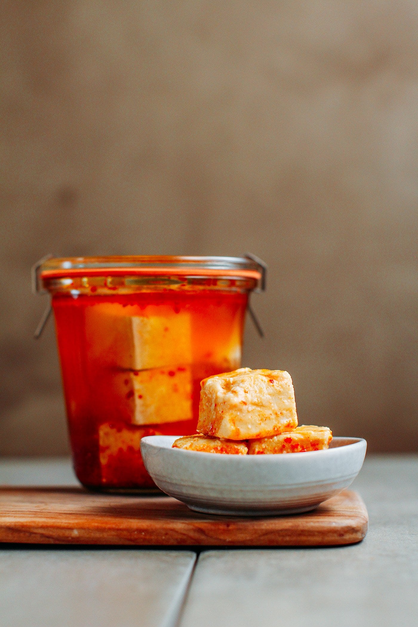 Fermented tofu cheese cubes, also called chao in a bowl.