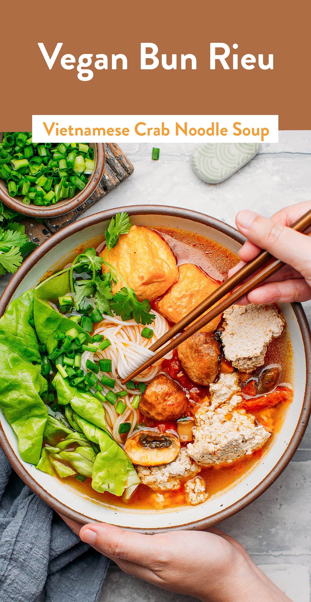 Vegan Bun Rieu (Bún riêu chay) is a traditional Vietnamese noodle soup prepared with a sweet and tangy tomato broth and served with rice noodles, mushrooms, tofu, and fresh herbs. This unique noodle soup is a symphony of flavors and texture. #vietnamese #vegan