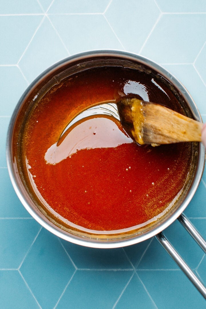 Caramel in a saucepan.