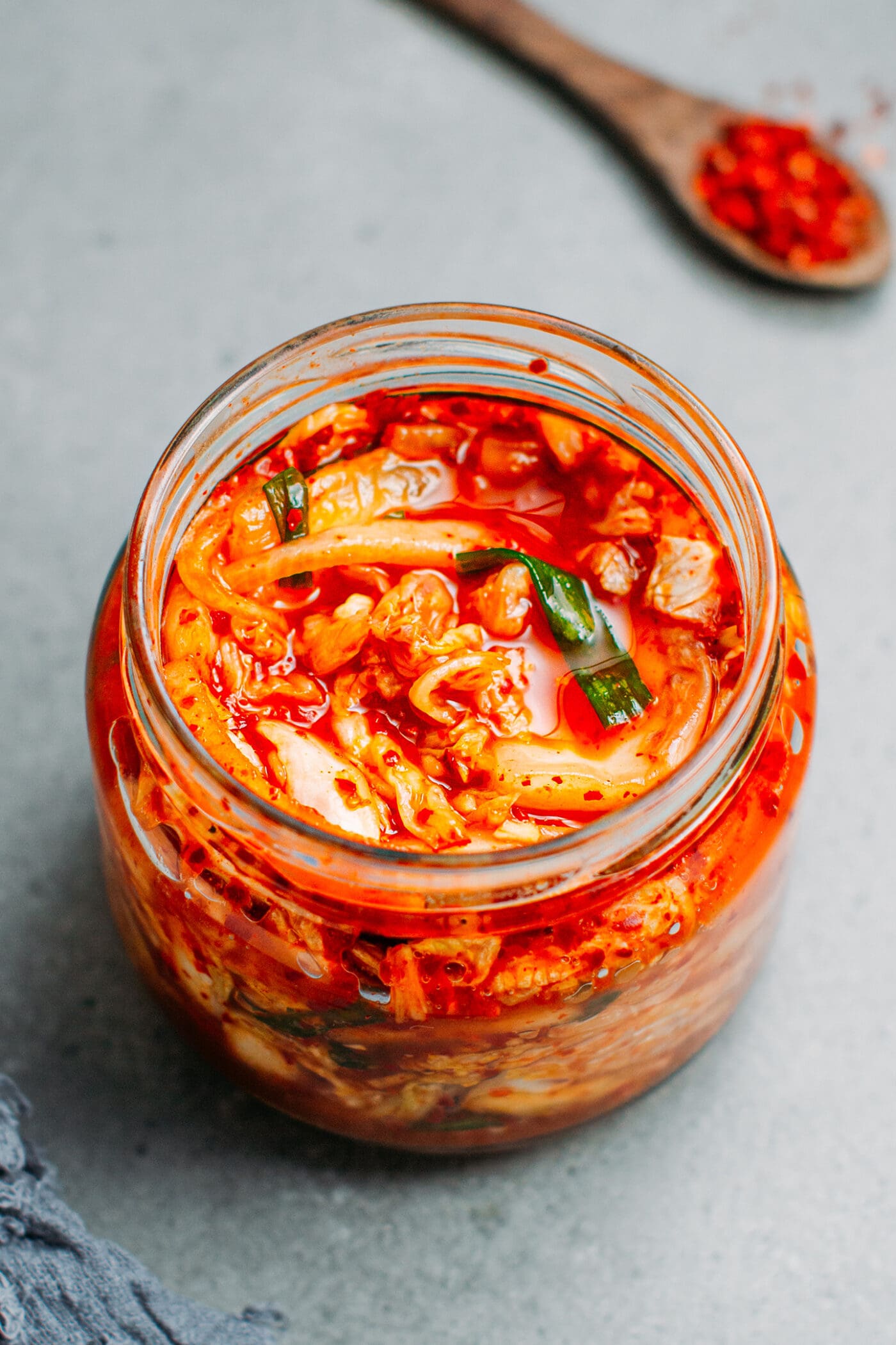 Close up of a jar of vegan kimchi.