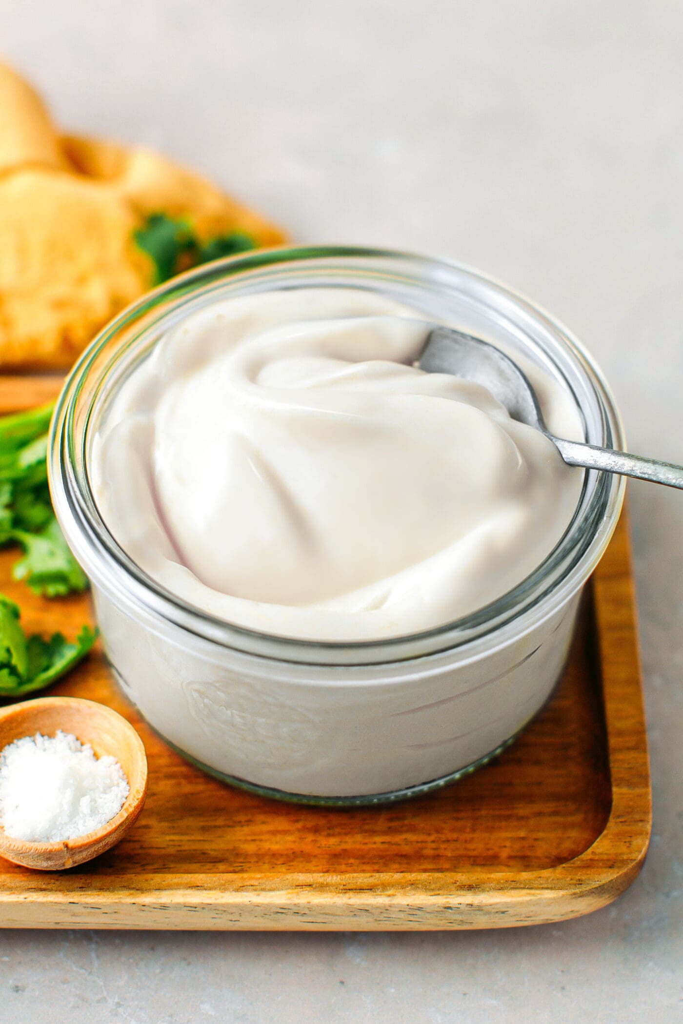 Creamy vegan mayonnaise in a jar.