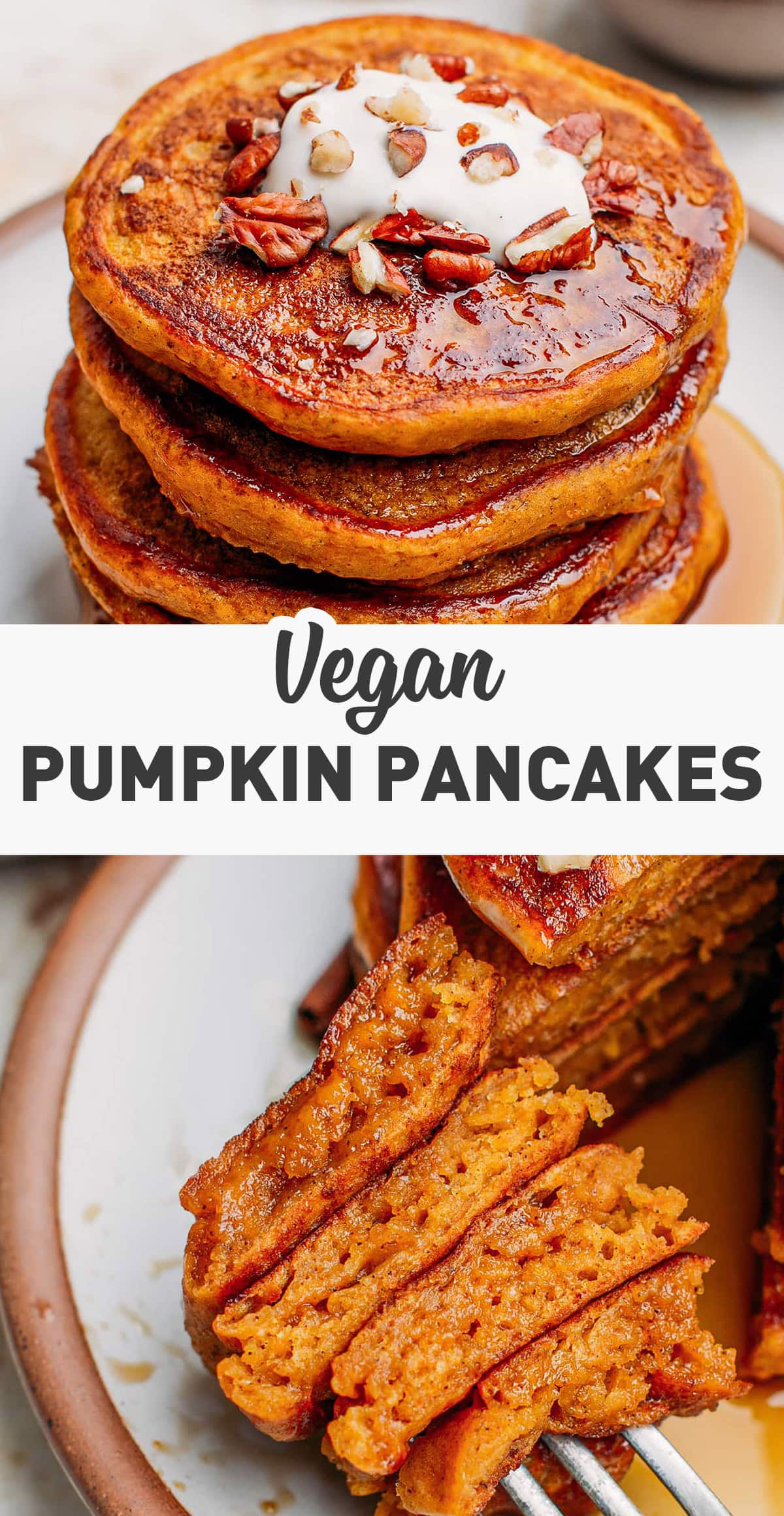 These vegan pumpkin pancakes are incredibly fluffy, moist, and pillowy! Enjoy drizzled with maple syrup and crushed pecans for a warming and hearty Fall breakfast. Only 8 ingredients and 15 minutes are required! #pumpkin #pancakes