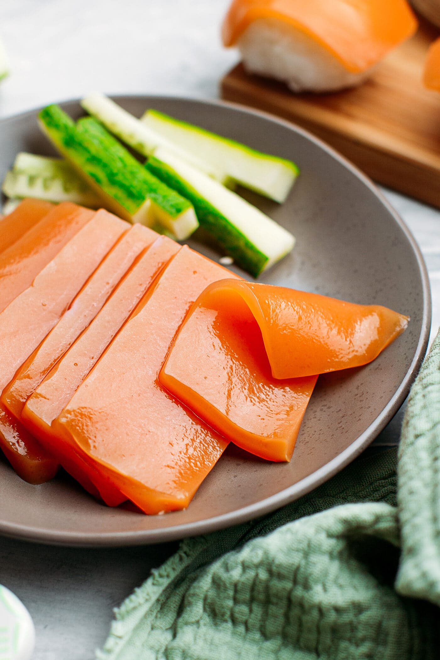 Close-up of vegan salmon sashimi.