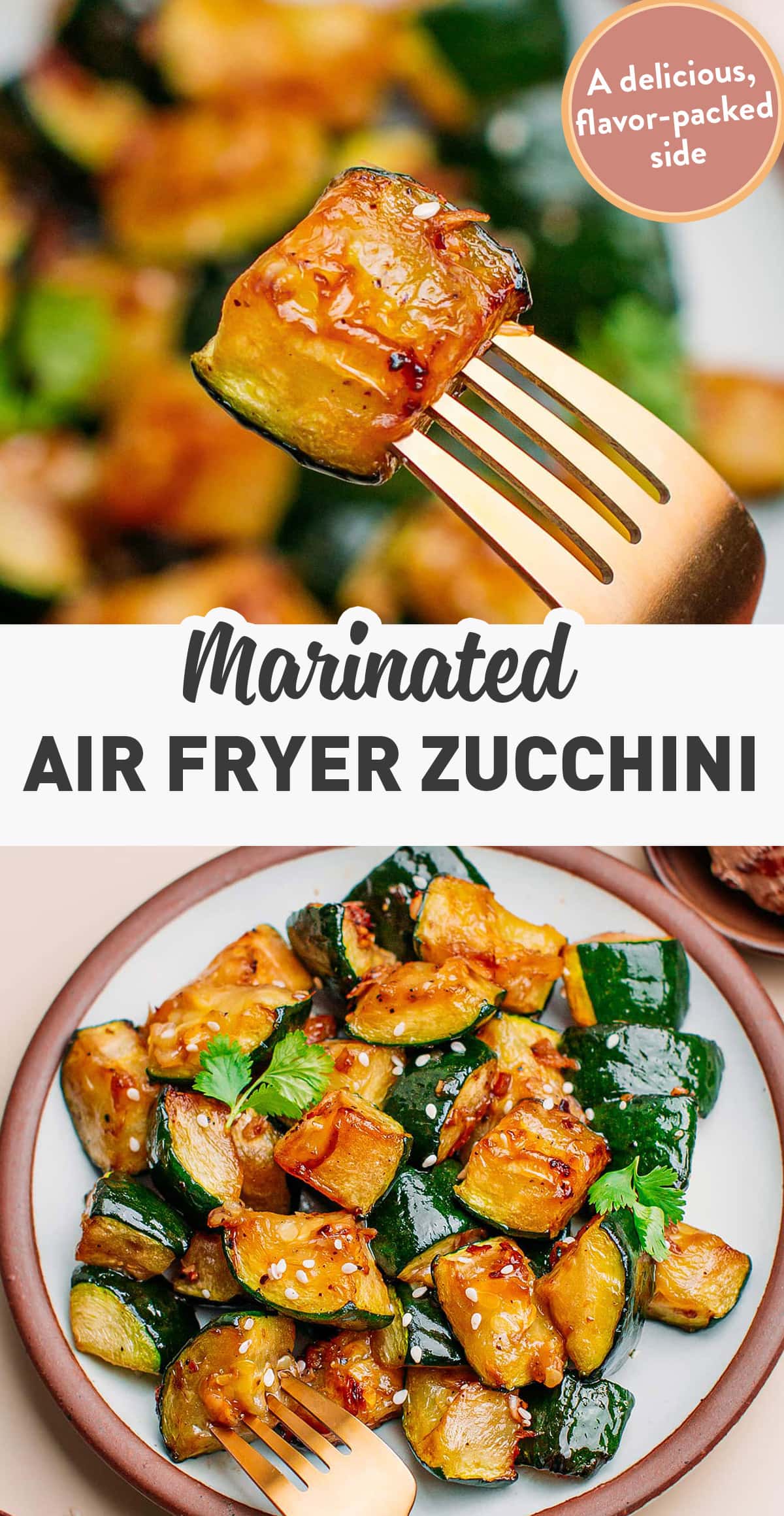This air fryer zucchini is marinated in soy sauce, maple syrup, garlic, ginger, and air-fried until tender on the inside and slightly crispy on the edges. It has the perfect balance of salty, sweet, and citrusy flavors. A delicious, flavor-packed side that can be served with rice, quinoa, or your protein of choice! #airfryer #zucchini