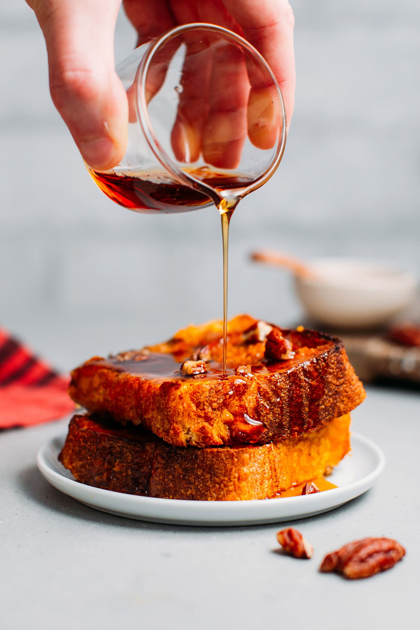 Pumpkin french toast with a drizzle of maple syrup