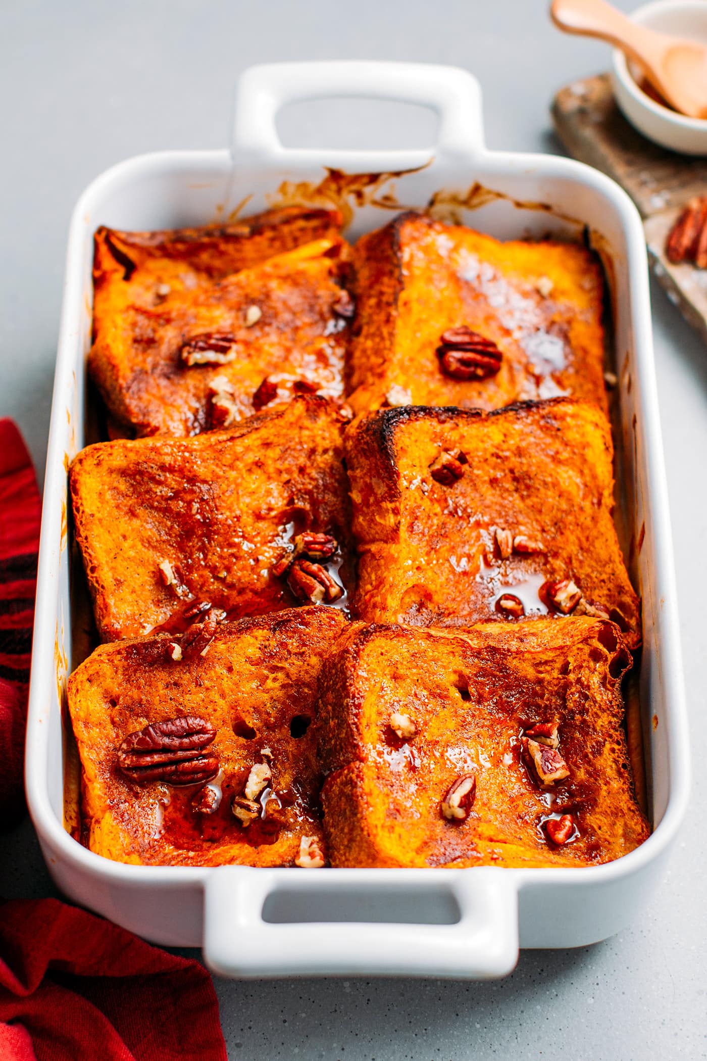 Baked pumpkin french toast in a baking dish