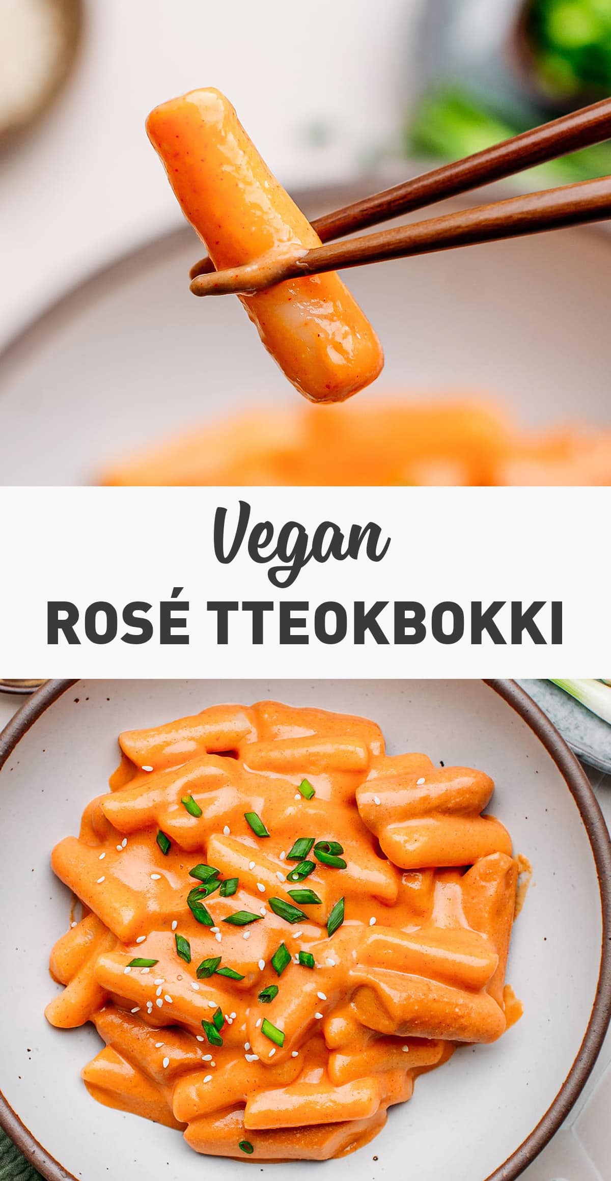 Rosé Tteokbokki is a delicious twist on the Korean classic! Chewy rice cakes are simmered in a velvety smooth rosé sauce and served with green onions and sesame seeds. This one-pot dish is spicy, comforting, and vegan! #tteokbokki