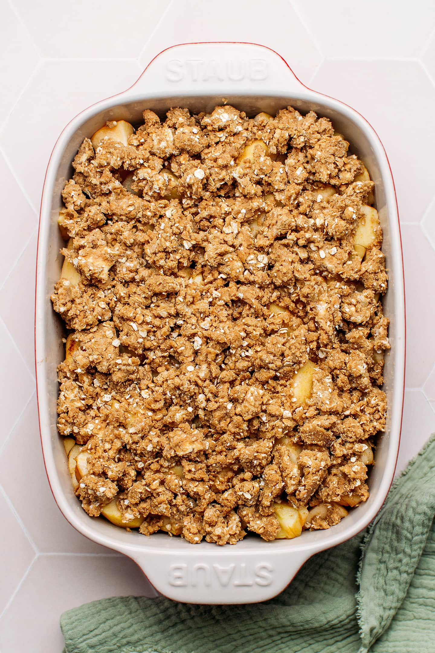 Diced apples topped with oat crumble.