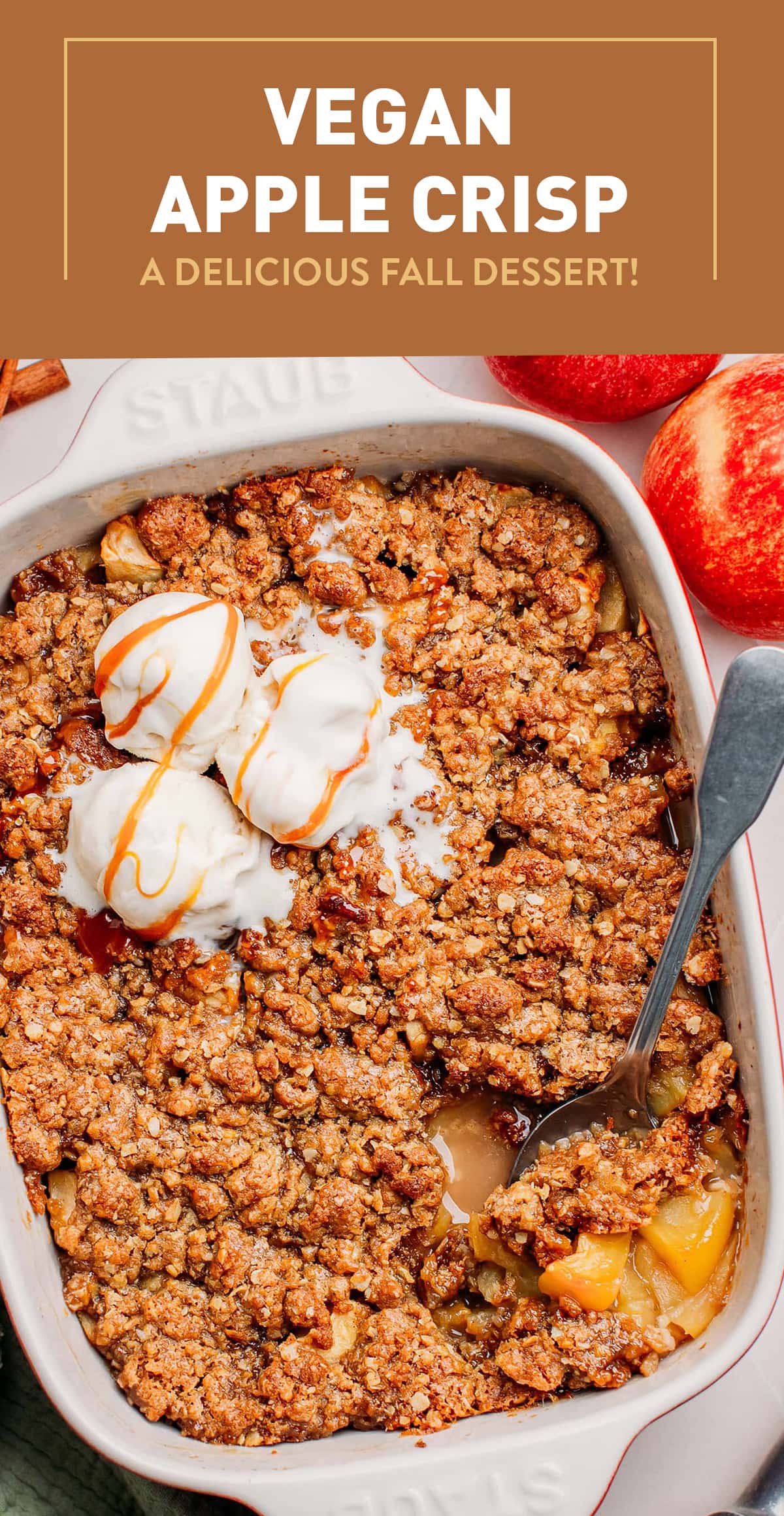Make the best out of apple season with this incredible vegan apple crisp! Loaded with melty chunks of apples and topped with a crispy cinnamon-infused oatmeal topping, this simple yet delicious Fall dessert is sure to win your heart. #applecrisp #fall #vegan #baking