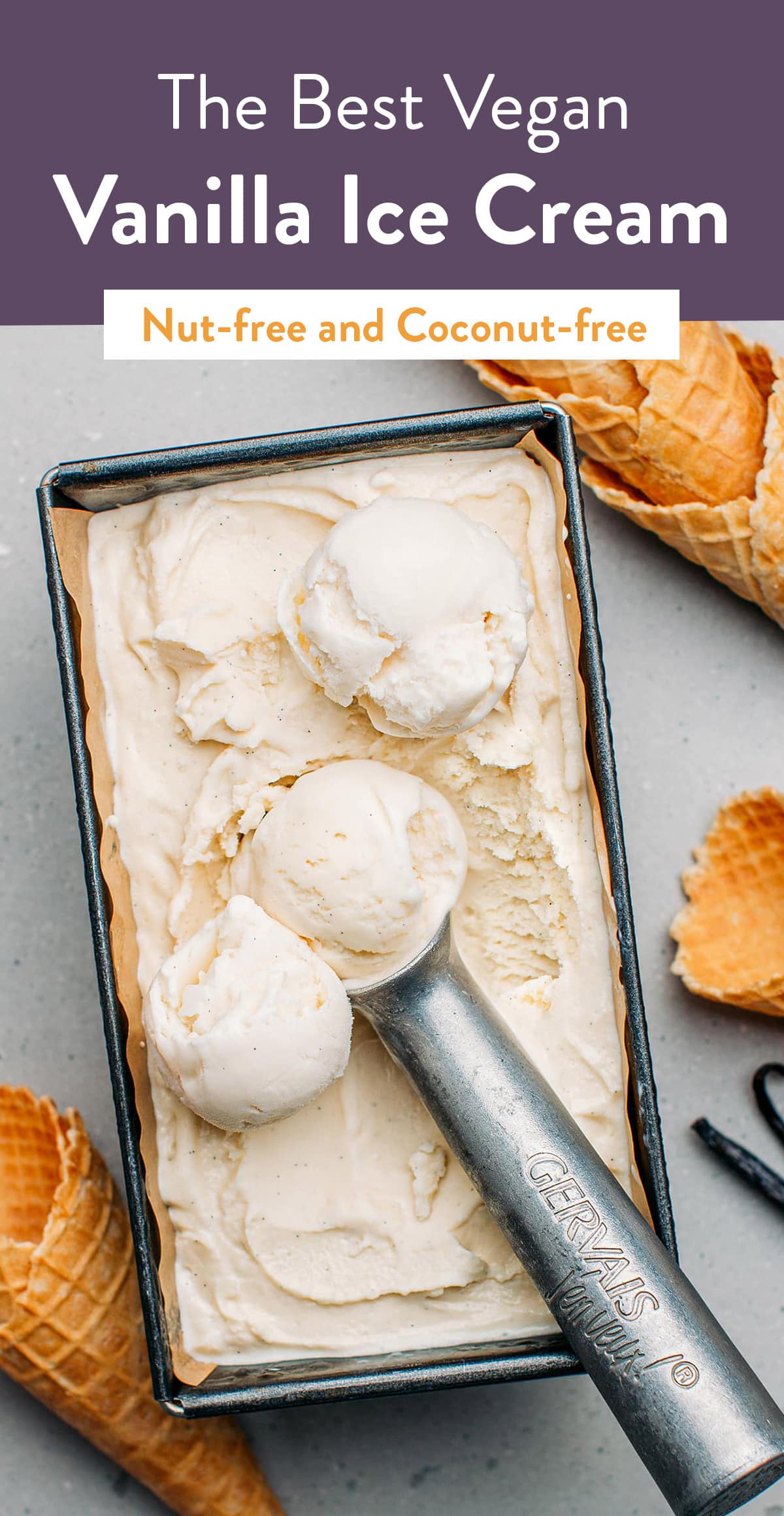 Introducing the BEST vegan vanilla ice cream! This plant-based ice cream is irresistibly creamy, infused with plenty of fresh vanilla flavor, and has nothing to envy from its dairy counterpart. Nut-free and coconut-free! #icecream #vegan #dairyfree