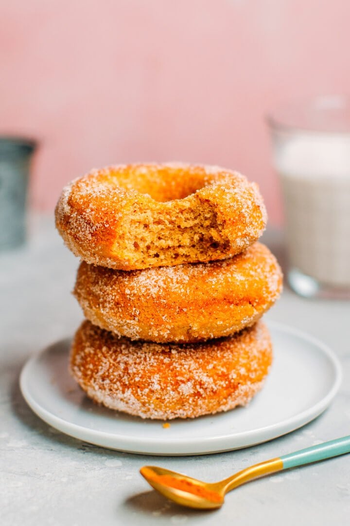 Stacked gluten-free vegan cinnamon sugar donuts
