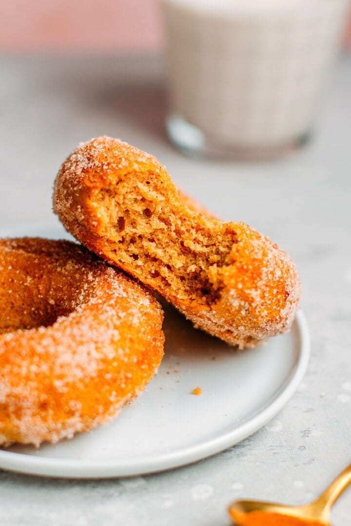 Close-up of vegan cinnamon sugar donuts