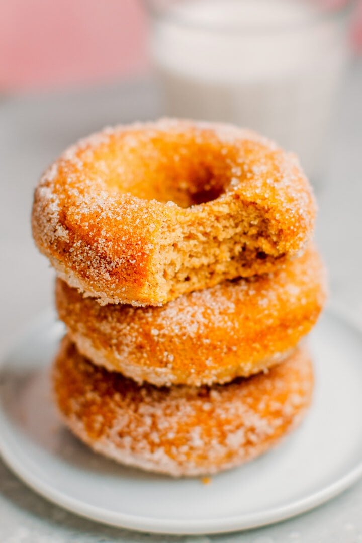 Close-up bite of vegan cinnamon sugar donuts