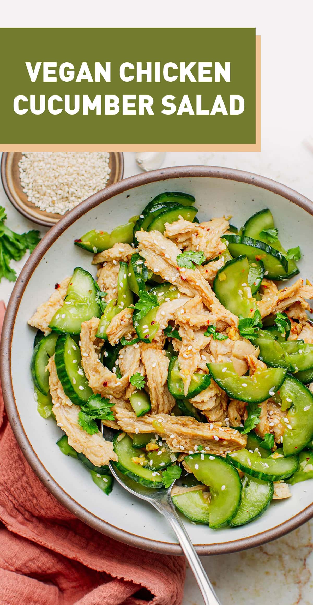 This vegan chicken cucumber salad is infused with fresh ginger and garlic, and seasoned with an Asian-inspired dressing prepared with toasted sesame oil, soy sauce, and white vinegar. A bright, fresh, and protein-packed salad! #salad #vegan