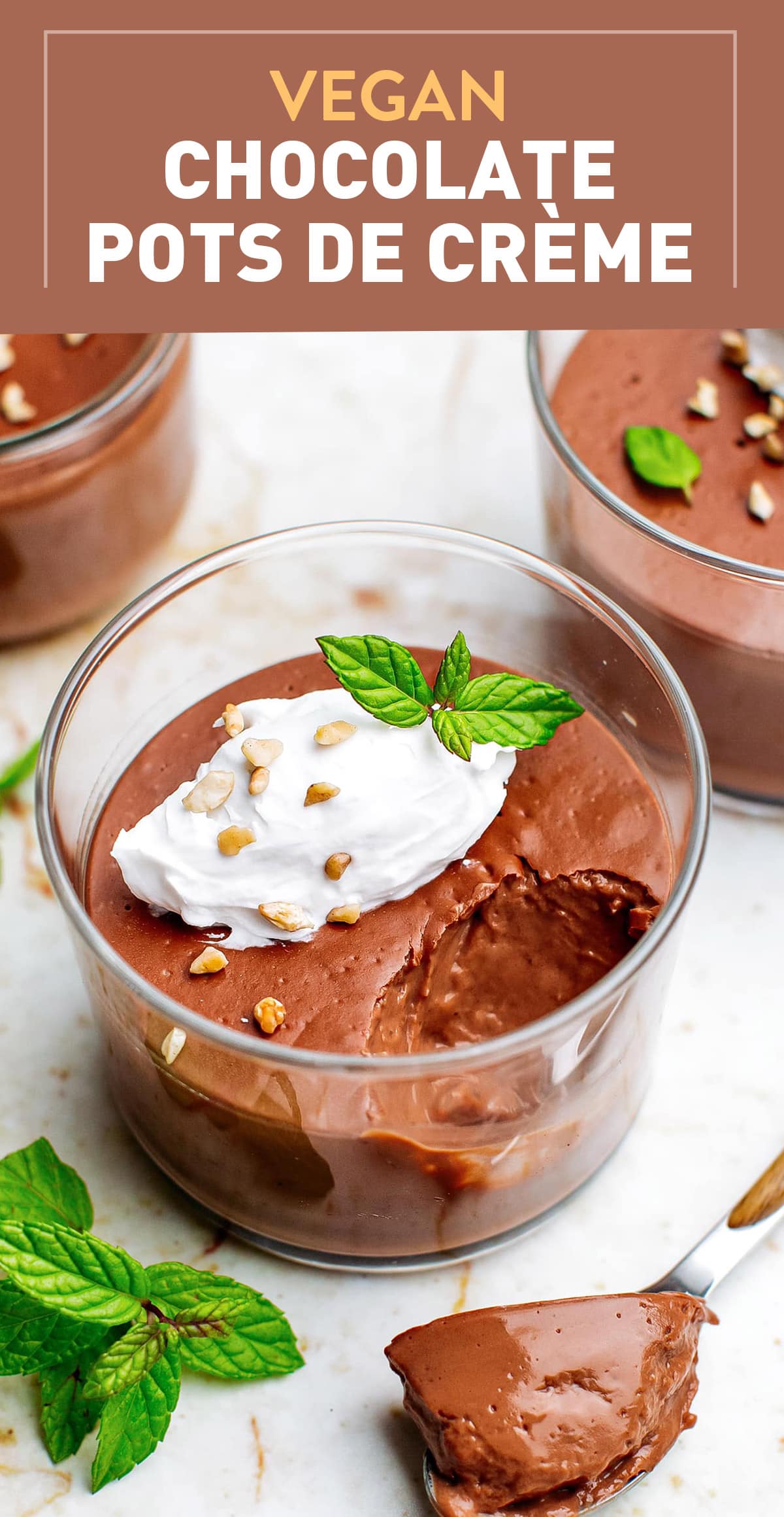 These vegan chocolate pots de crème are velvety smooth, irresistibly creamy, and so decadent! This plant-based take on the classic French dessert is prepared with 6 simple everyday ingredients such as almond milk, coconut cream, and dark chocolate. Plus, this recipe is tofu and cashew-free! #vegan #chocolate #dessert