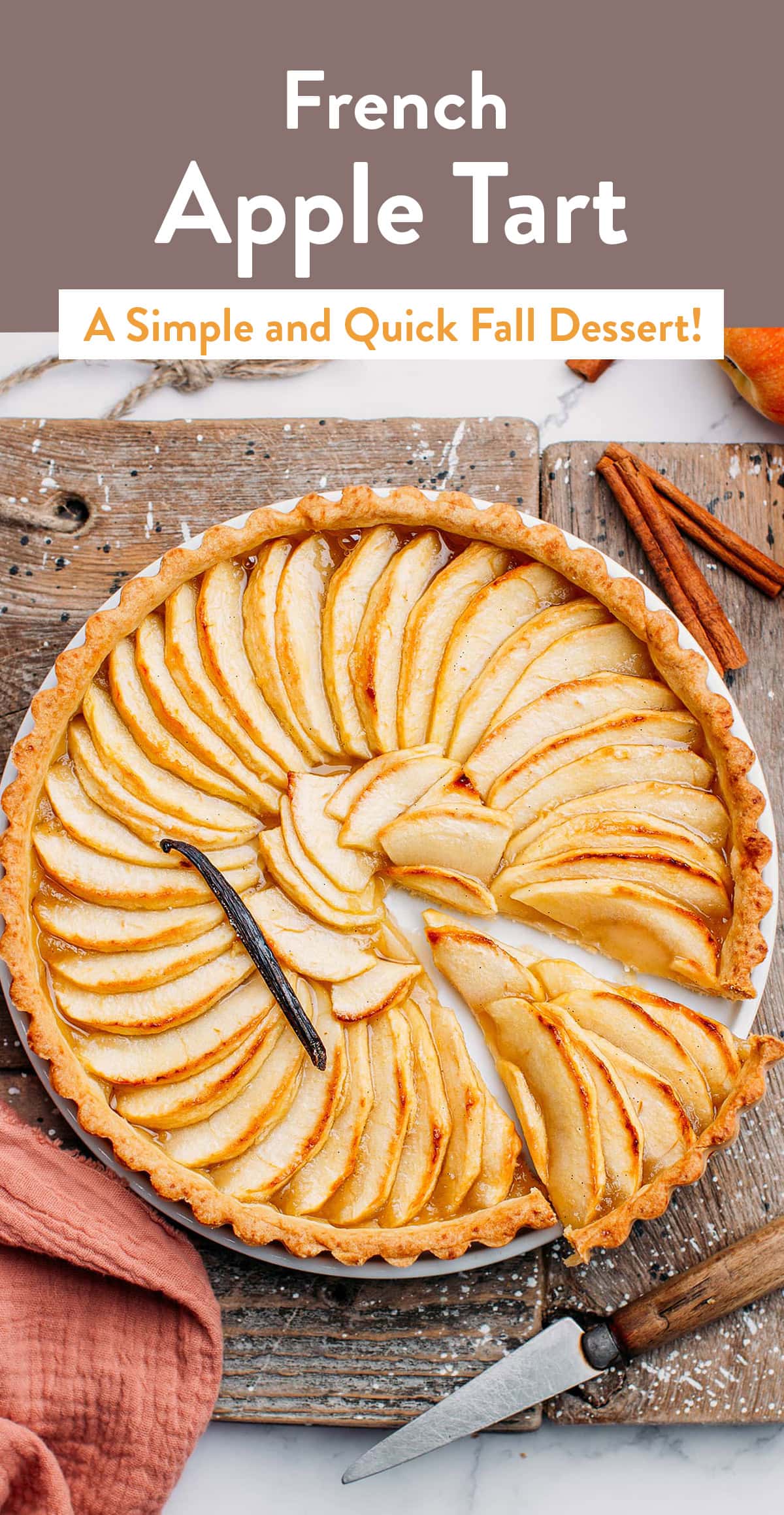 This rustic French apple tart features thinly sliced apples layered over a generous bed of apple sauce, all baked in a flaky pie crust. It's a simple and affordable Fall dessert that will surely be a hit with the entire family! #appletart #fall #vegan