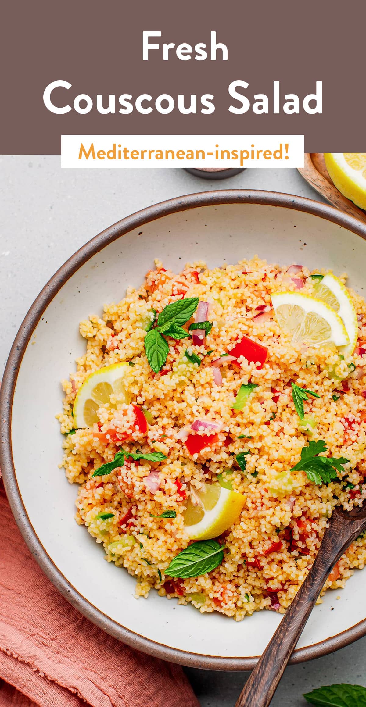 This simple Mediterranean-inspired couscous salad packs plenty of fresh vegetables like juicy tomatoes, crisp cucumber, and red onions. It is then infused with fresh herbs and tossed in a bright and zesty lemon dressing. Just 15 minutes of prep time! #couscous #salad