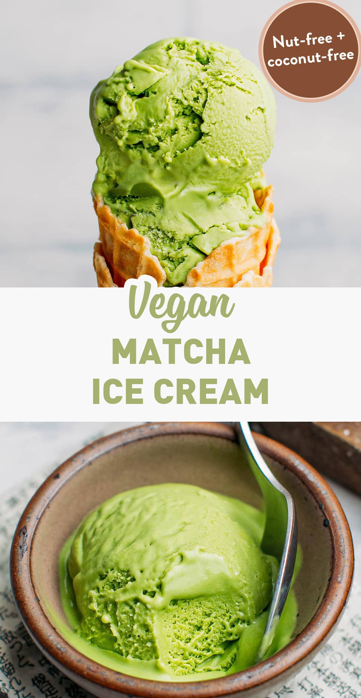 Introducing the best vegan matcha ice cream! Infused with an intense green tea flavor, this dairy-free ice cream is insanely creamy with a velvety mouthfeel. Plus, it is nut-free, gluten-free, and coconut-free! #matcha #veganicecream