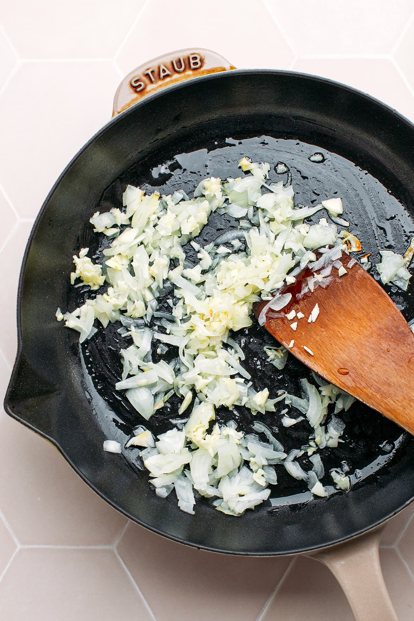Onion and garlic in a pan.