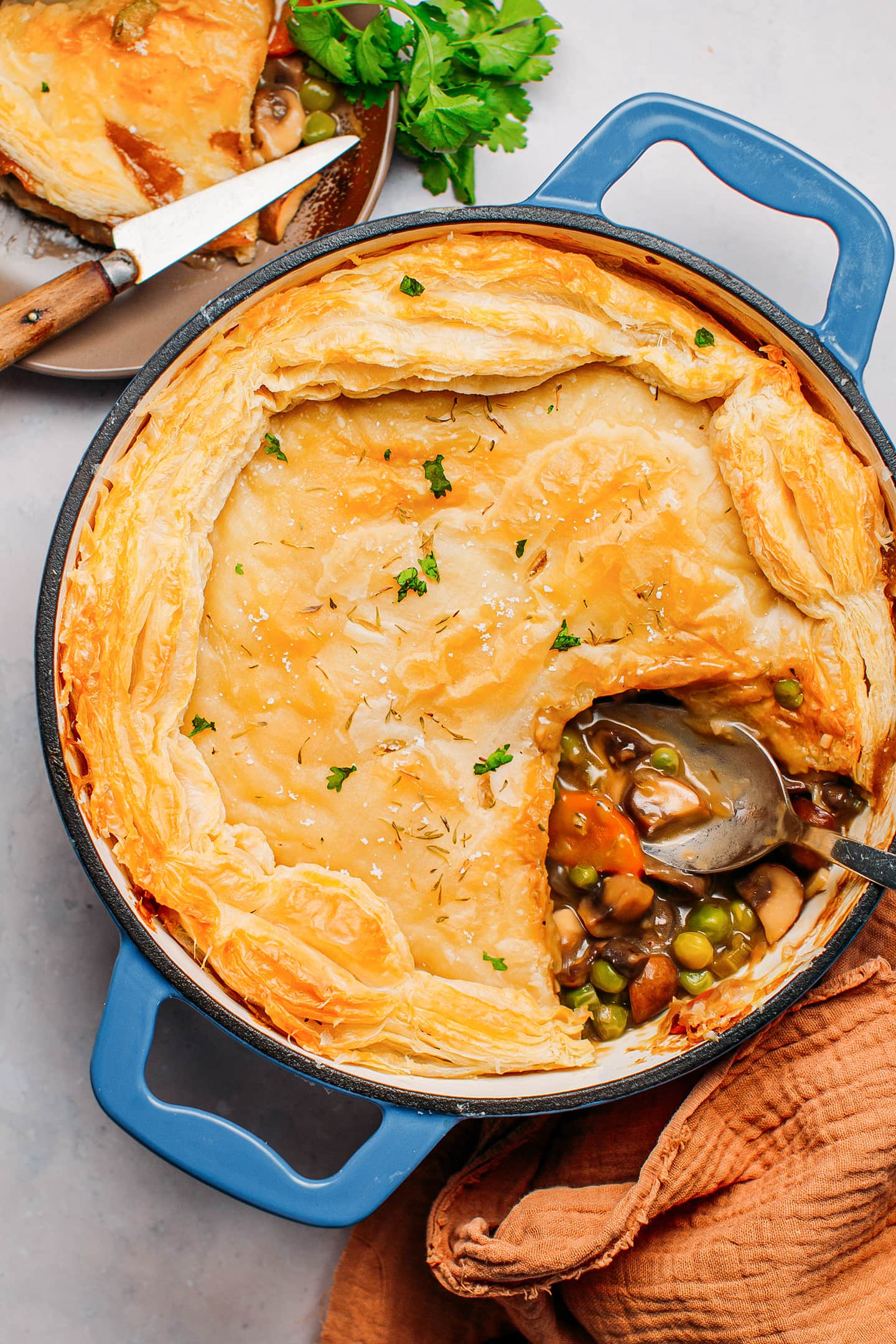 Mushroom pot pie topped with puff pastry.