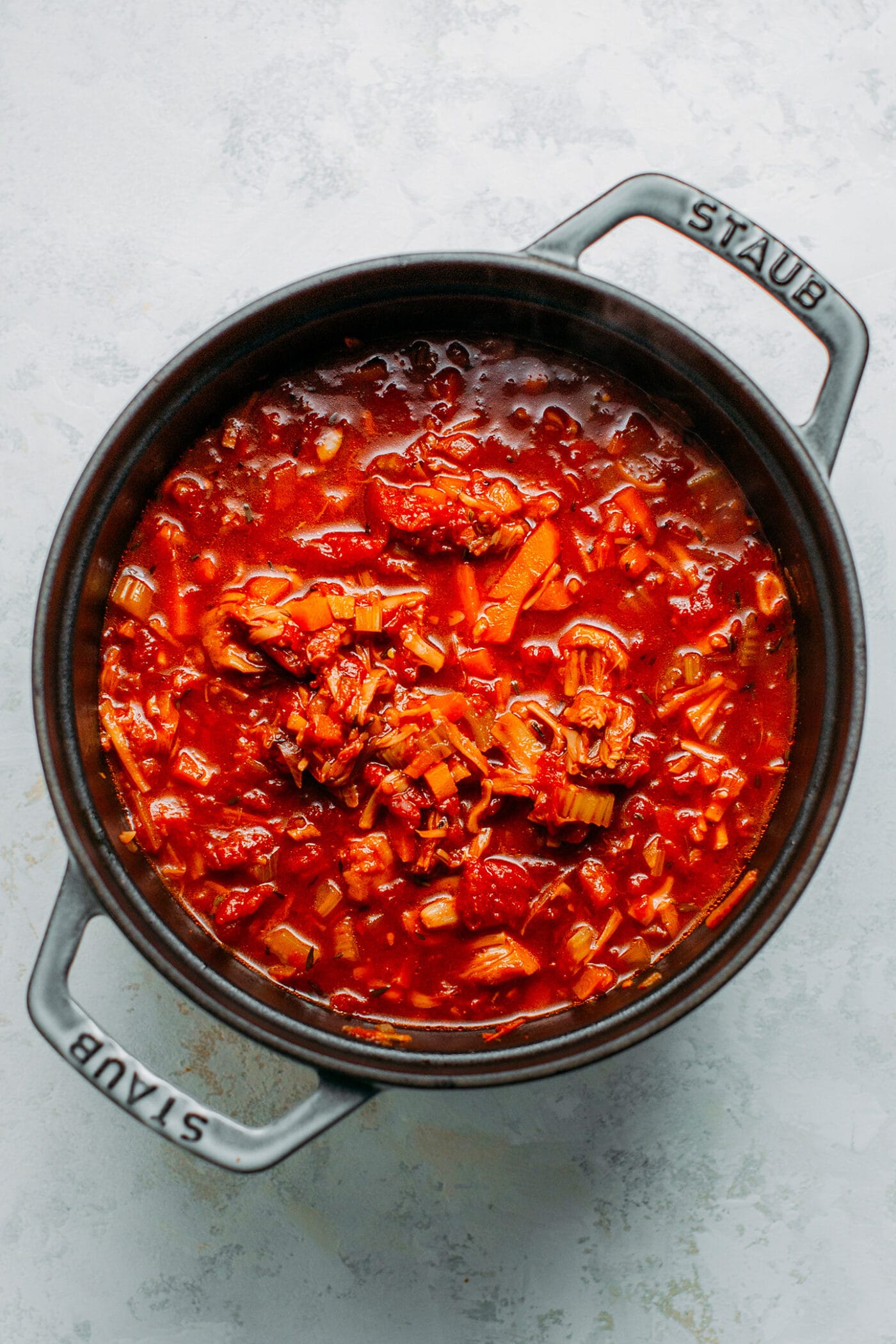 Vegan ragu sauce with jackfruit in a pot.