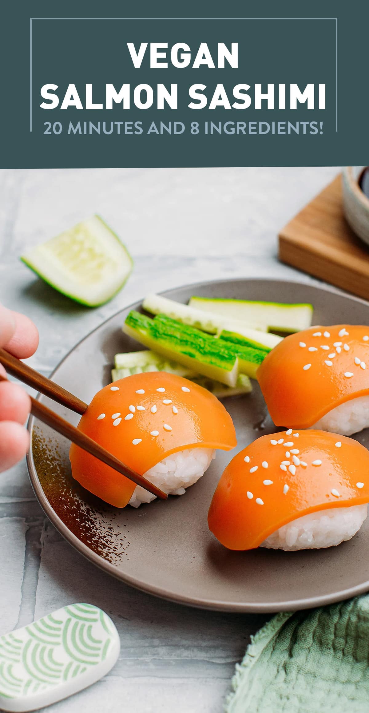 Introducing the most AMAZING vegan salmon sashimi! You will never believe this salmon is actually 100% vegan! It's rich, buttery, slightly fishy, and melts in your mouth. Perfect for nigiri, sushi, poke bowls, and more! #vegan #salmon #plantbased #sashimi