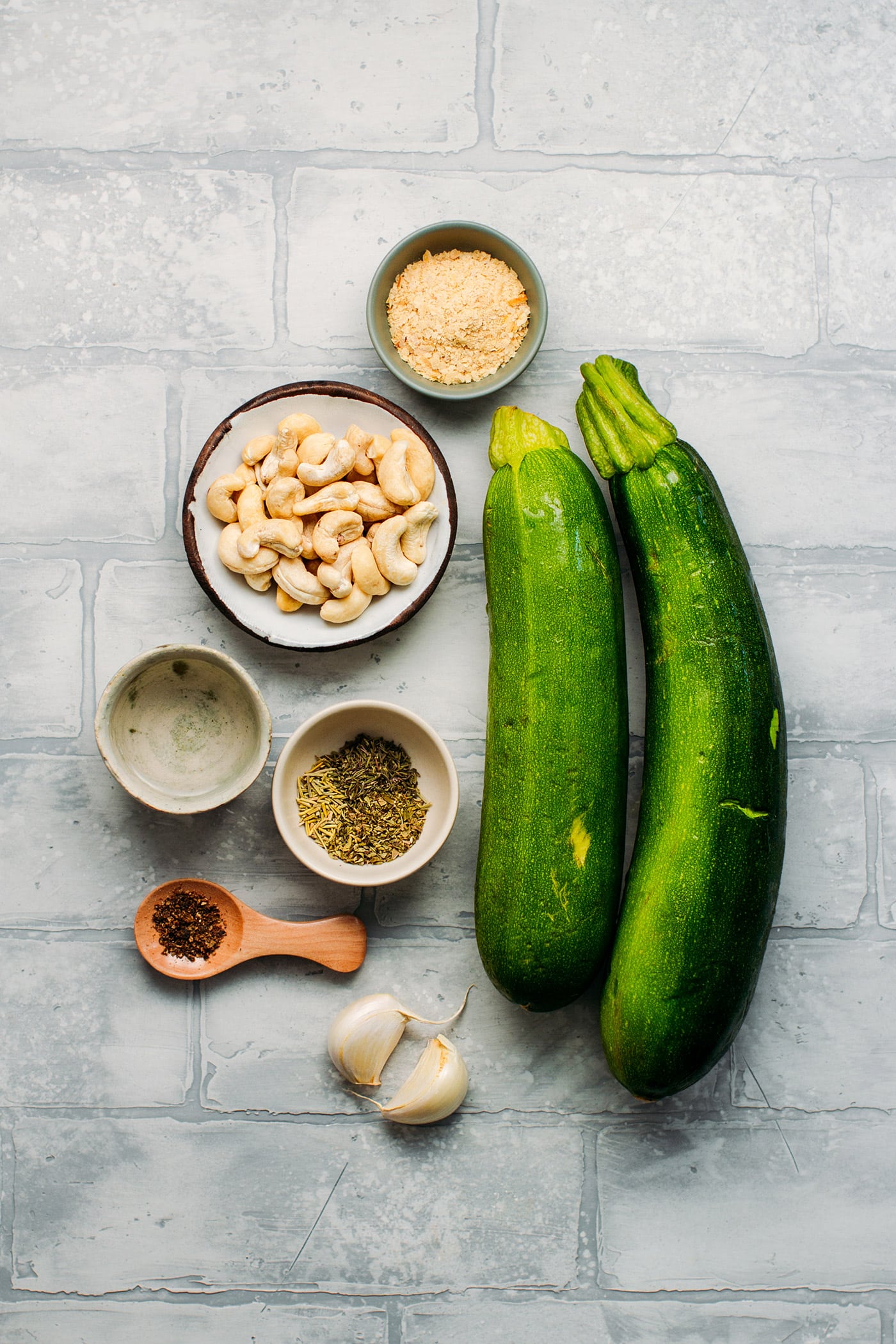 Ingredients to make a Vegan Savory Zucchini Tart.