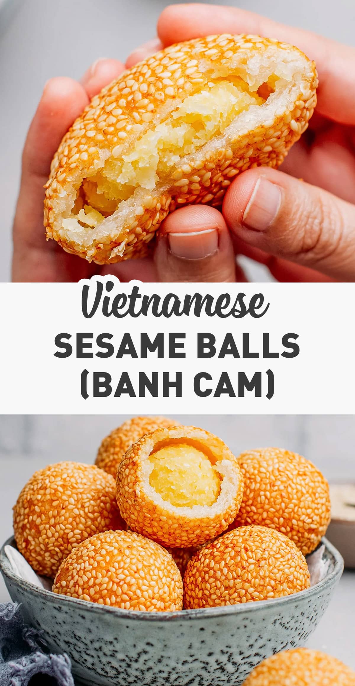 Learn how to make Banh cam at home! This traditional Vietnamese treat consists of sweet mung bean paste balls wrapped in glutinous rice flour wrappers and coated with sesame seeds before being deep fried to perfection. It's crispy, chewy, and so addicting. A must-try! #vietnamese #sesameballs