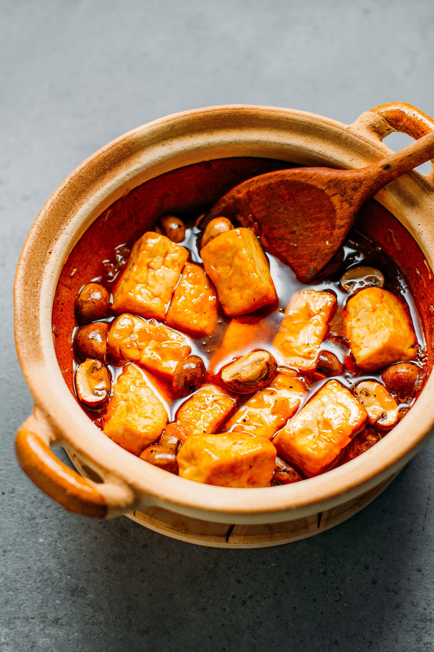 Fried tofu and mushrooms in a clay pot